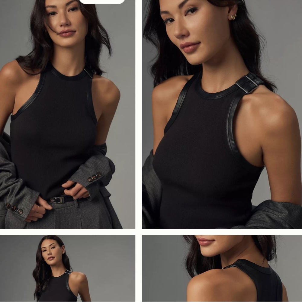 SOLD OUT Black Tank Top with Leather Trim and Buckle by Pilcro